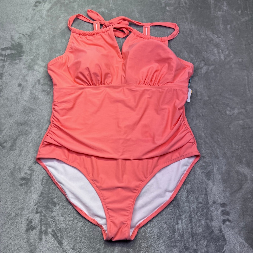 Kona Sol Women's Swimsuit One Piece Tummy Control Tie‎ Back Coral Sz 20 NWT